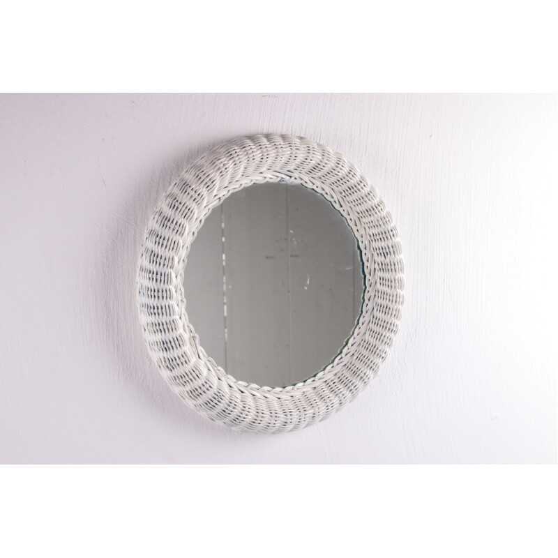 Vintage mirror large round  in white rattan