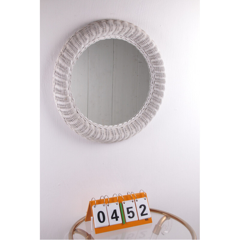 Vintage mirror large round  in white rattan