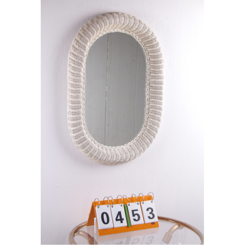  Grand miroir vintage ovale en rotin blanc