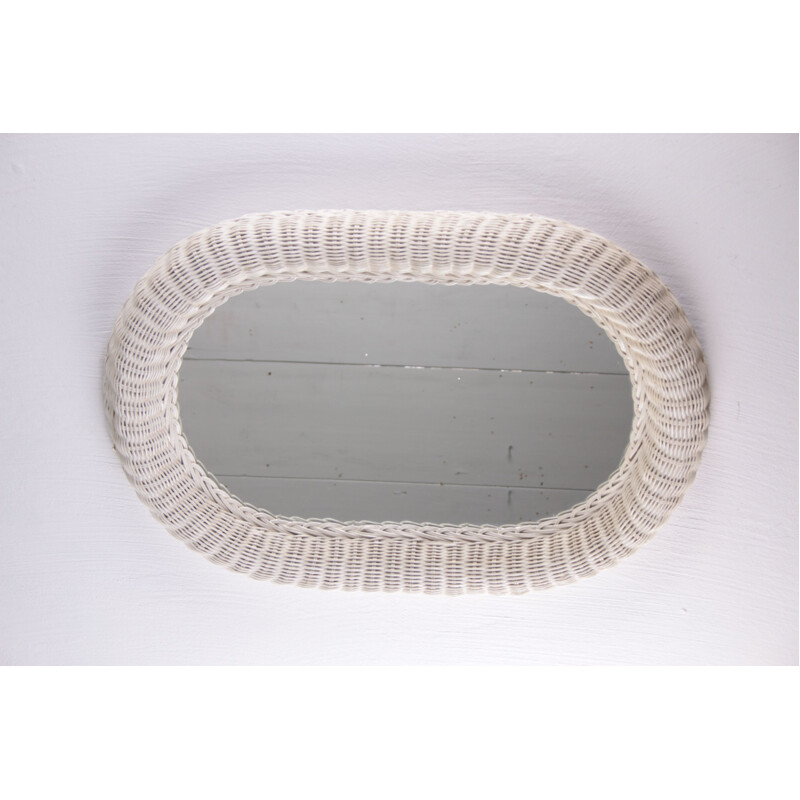  Grand miroir vintage ovale en rotin blanc