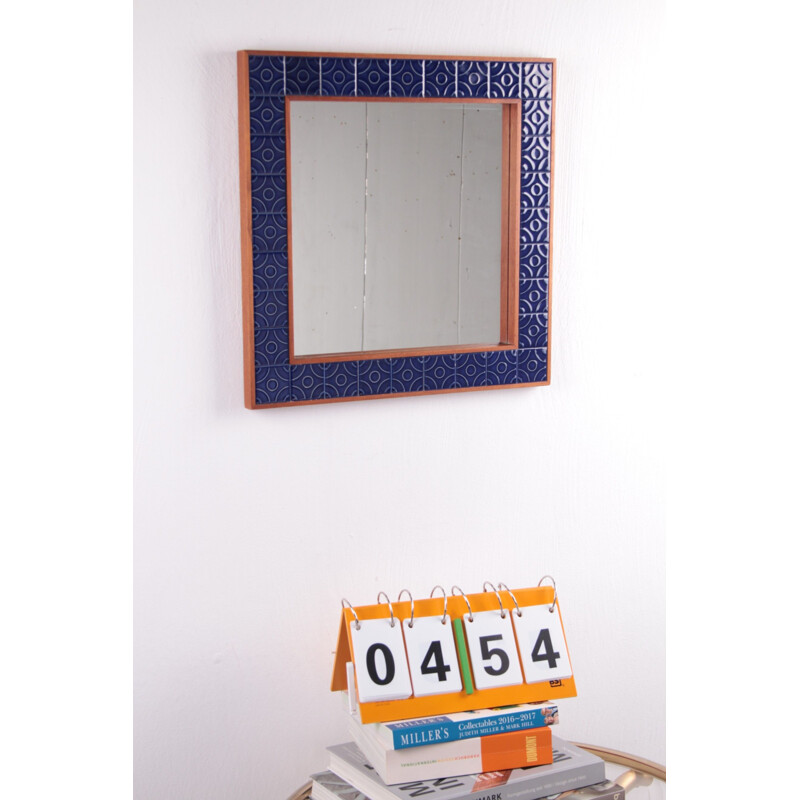 Miroir vintage avec bord carrelé bleu Danemark 1960