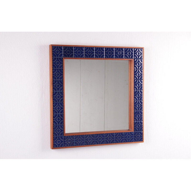 Vintage mirror with blue tiled edge Denmark 1960s