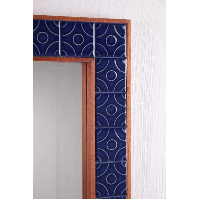 Vintage mirror with blue tiled edge Denmark 1960s