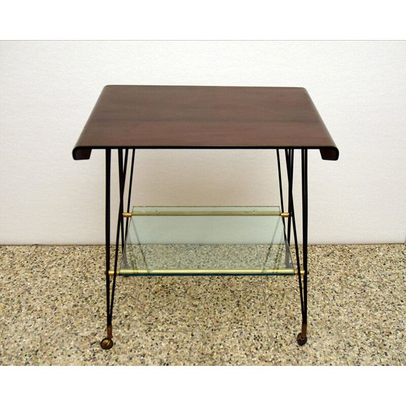 Mesa lateral em contraplacado curvo Vintage com rodízios 1960