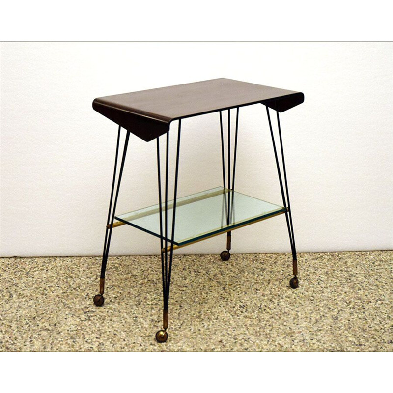 Table d'appoint vintage à roulettes en contreplaqué incurvé 1960