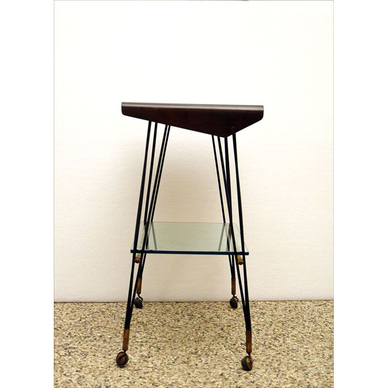 Vintage curved plywood side table with casters 1960