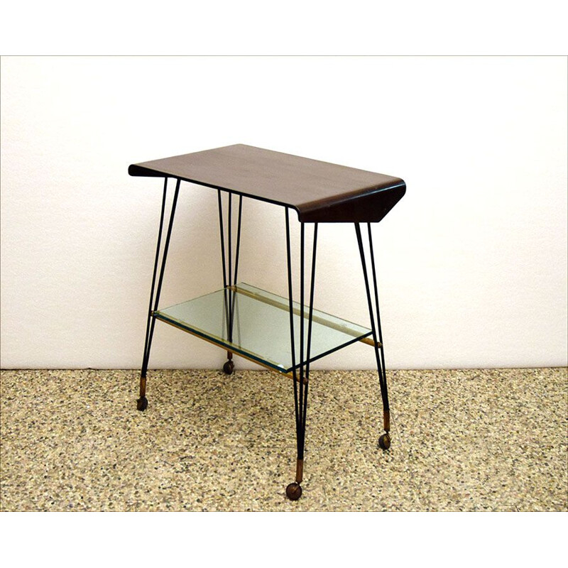 Vintage curved plywood side table with casters 1960