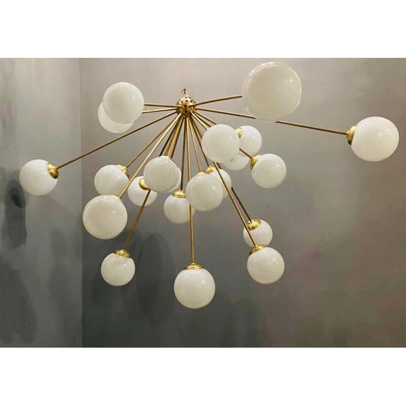 Large vintage Sputnik chandelier in opaline glass, Space Age