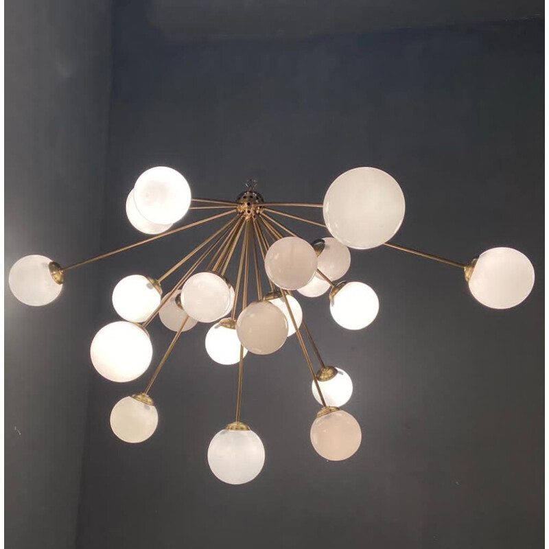 Large vintage Sputnik chandelier in opaline glass, Space Age