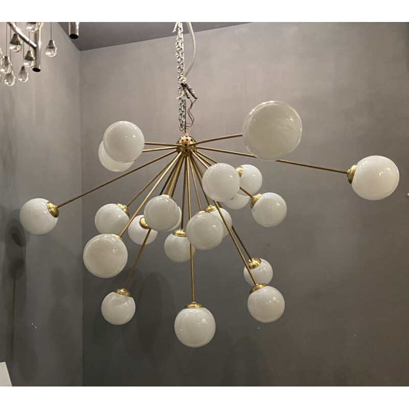 Large vintage Sputnik chandelier in opaline glass, Space Age