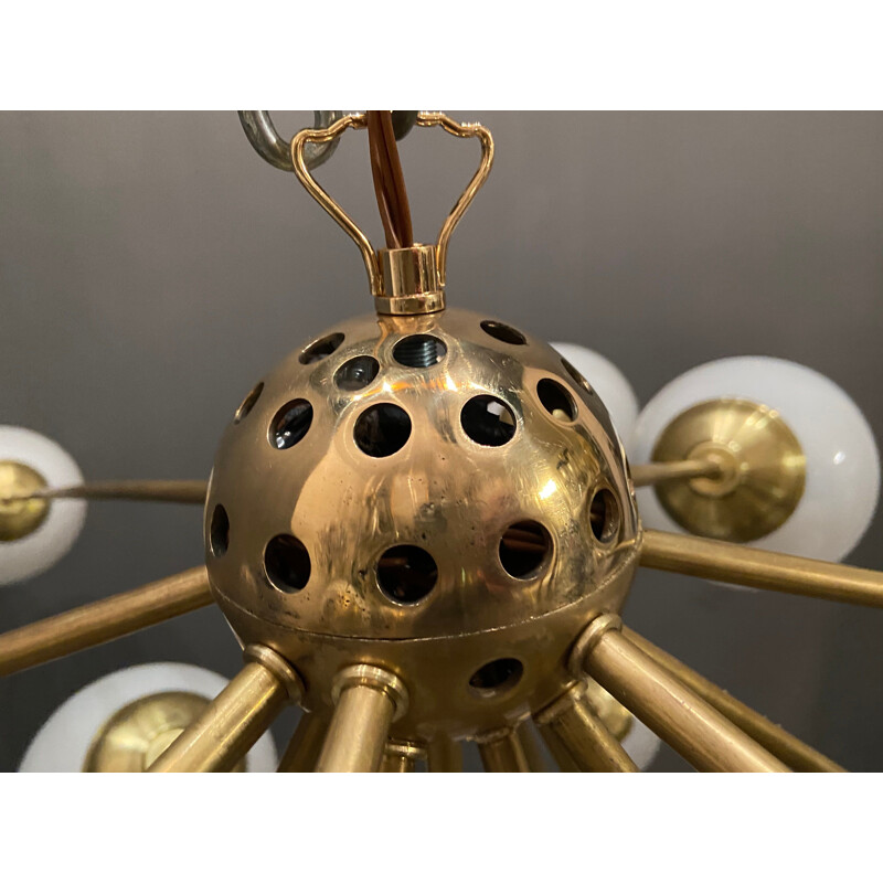 Grand lustre vintage Spoutnik en verre opalin, Space Age
