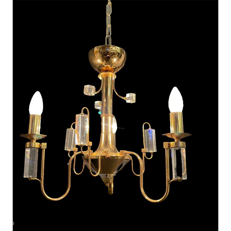 Lustre vintage en laiton et en cristal