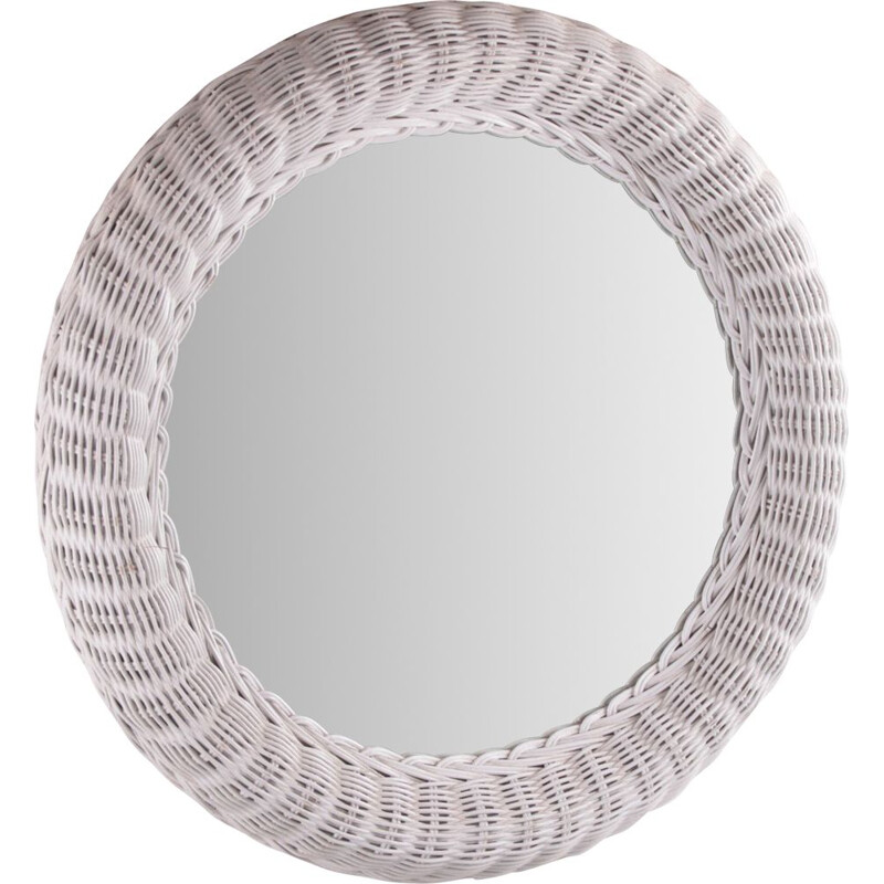 Vintage small round mirror in white rattan