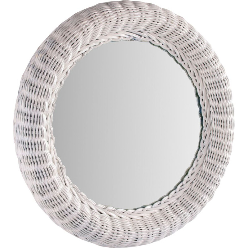 Grand miroir vintage rond en rotin blanc