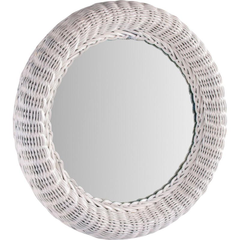 Vintage mirror large round  in white rattan