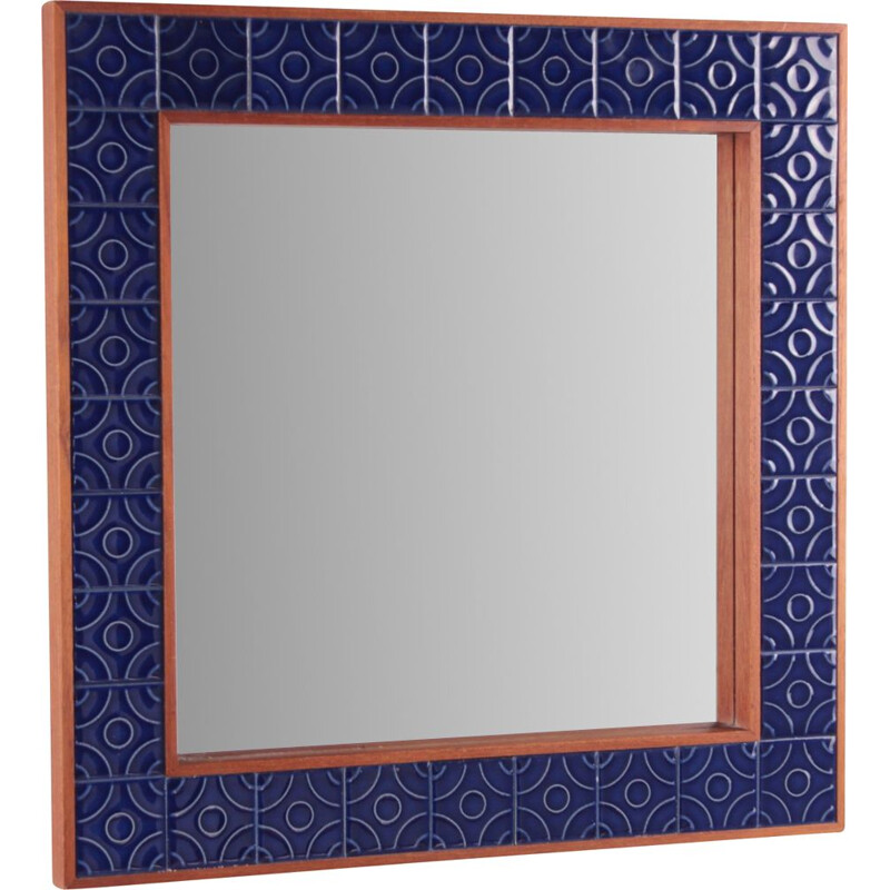 Miroir vintage avec bord carrelé bleu Danemark 1960