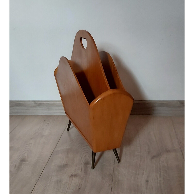 Vintage wooden magazine rack on brass legs, 1970