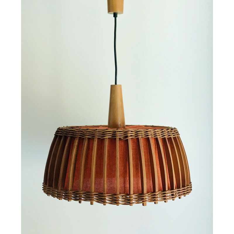 Vintage teak and orange fabric pendant lamp 1960