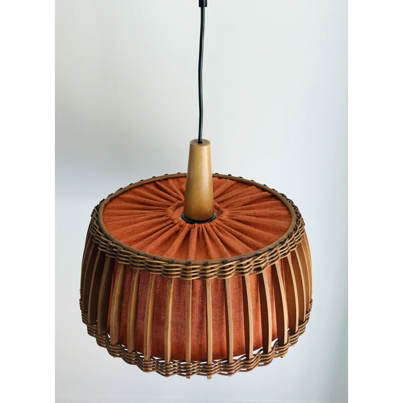 Vintage teak and orange fabric pendant lamp 1960