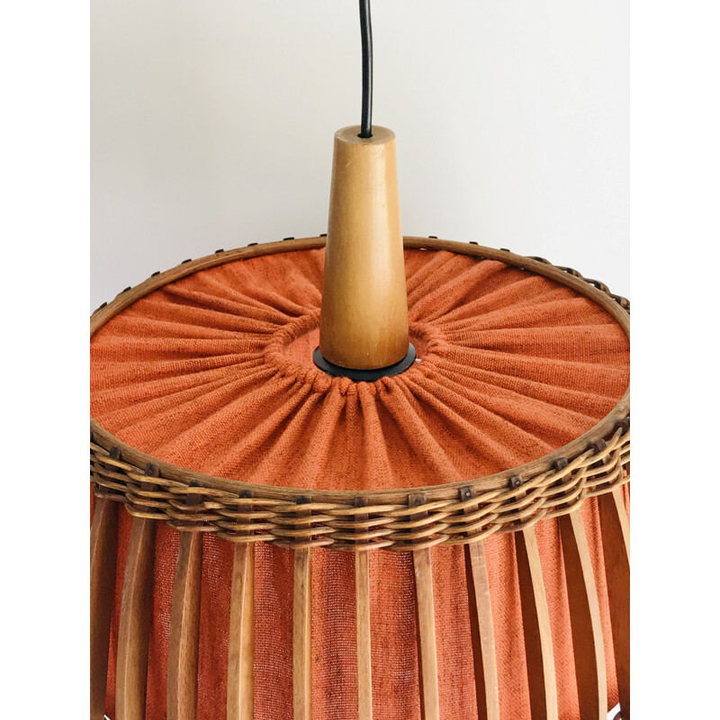 Suspension vintage en teck et tissu chiné orange 1960