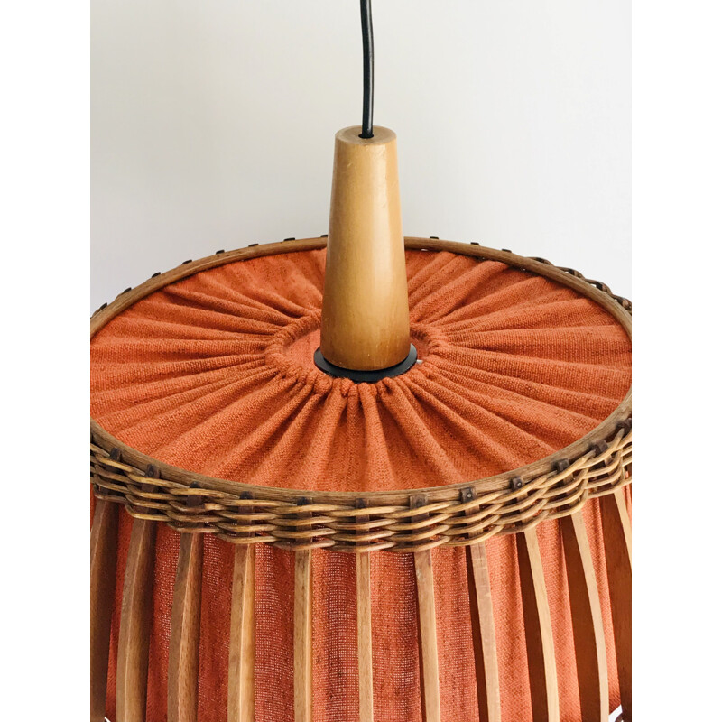 Vintage teak and orange fabric pendant lamp 1960