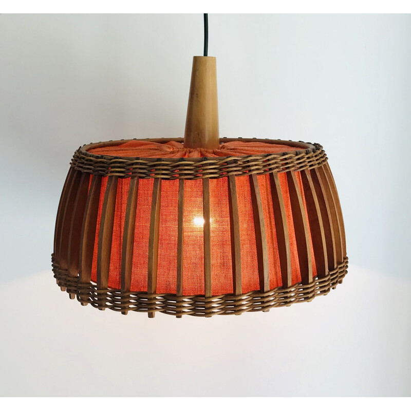 Vintage teak and orange fabric pendant lamp 1960