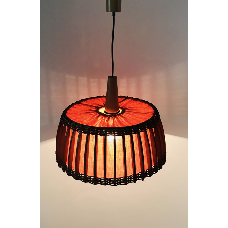 Vintage teak and orange fabric pendant lamp 1960