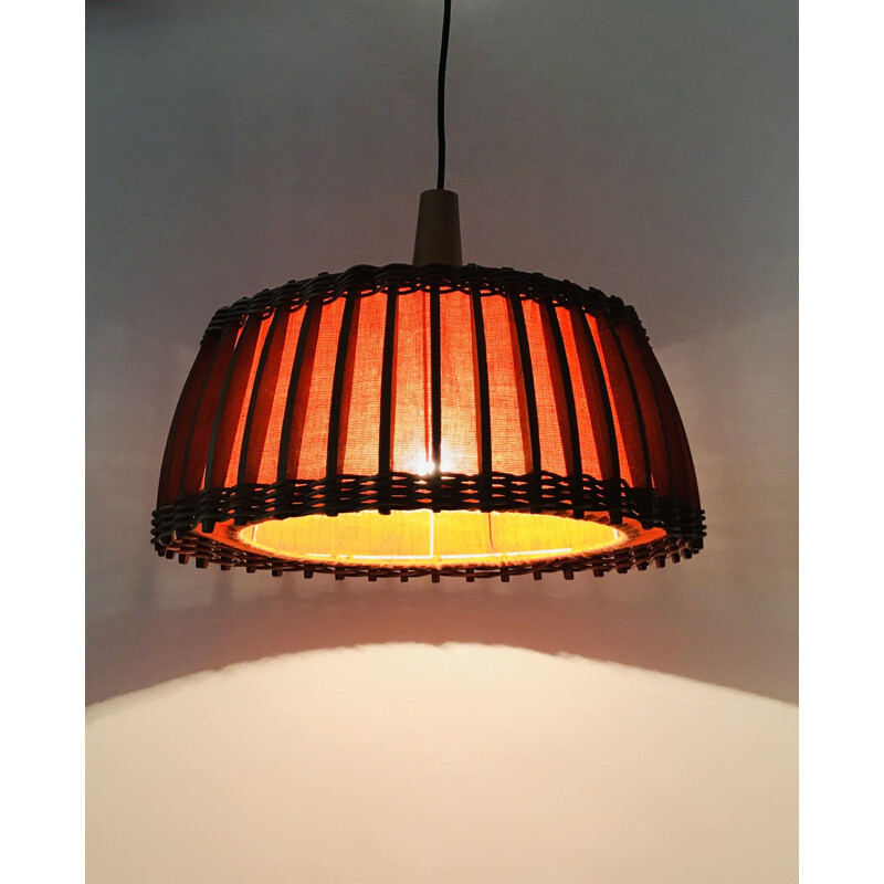 Vintage teak and orange fabric pendant lamp 1960