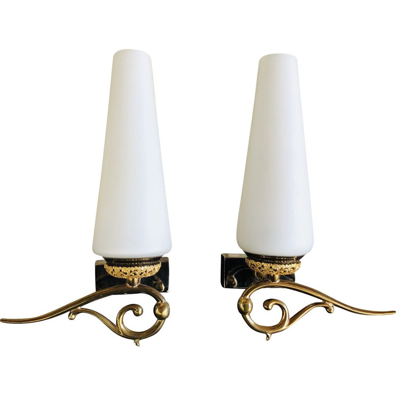 Pair of vintage opaline and brass sconces, 1950