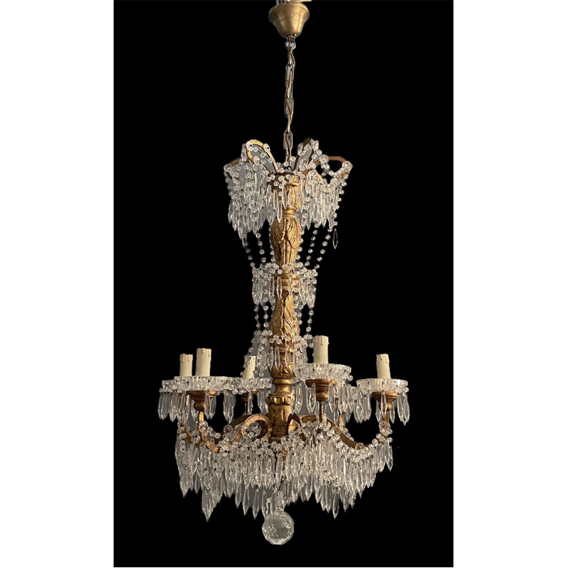 Vintage large Macaroni crystal chandelier with gold plating 1940s