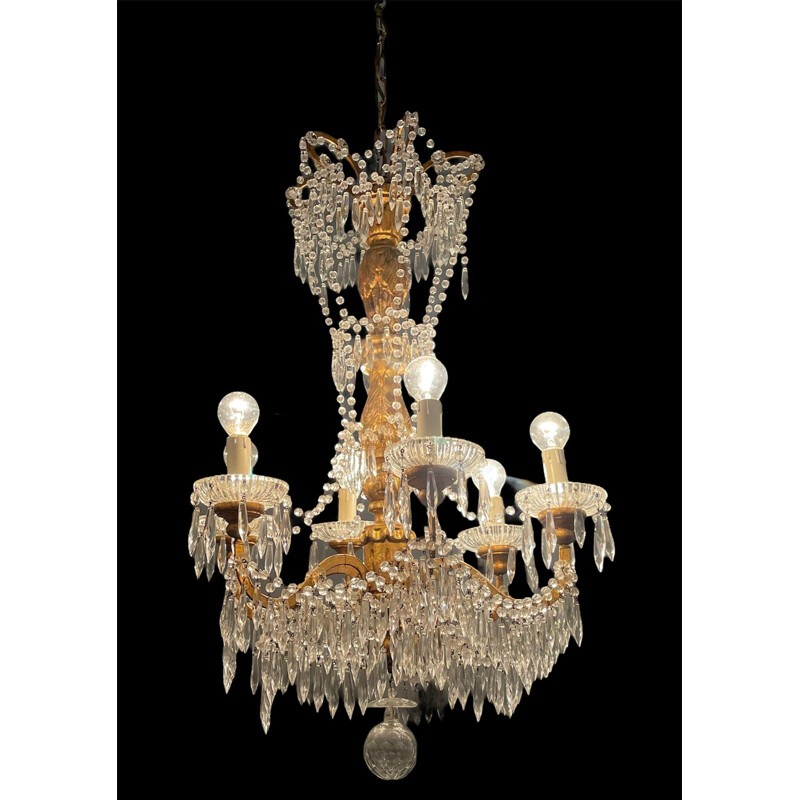 Vintage large Macaroni crystal chandelier with gold plating 1940s