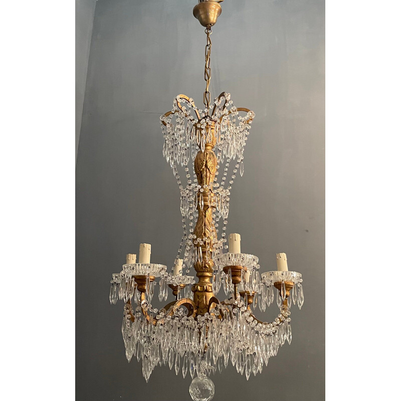 Vintage large Macaroni crystal chandelier with gold plating 1940s