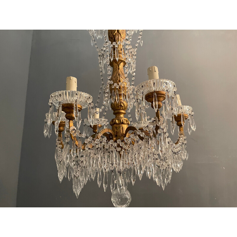 Vintage large Macaroni crystal chandelier with gold plating 1940s