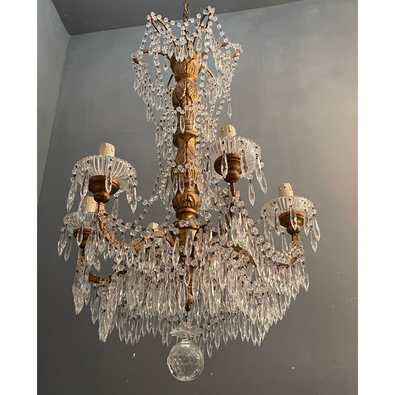 Vintage large Macaroni crystal chandelier with gold plating 1940s