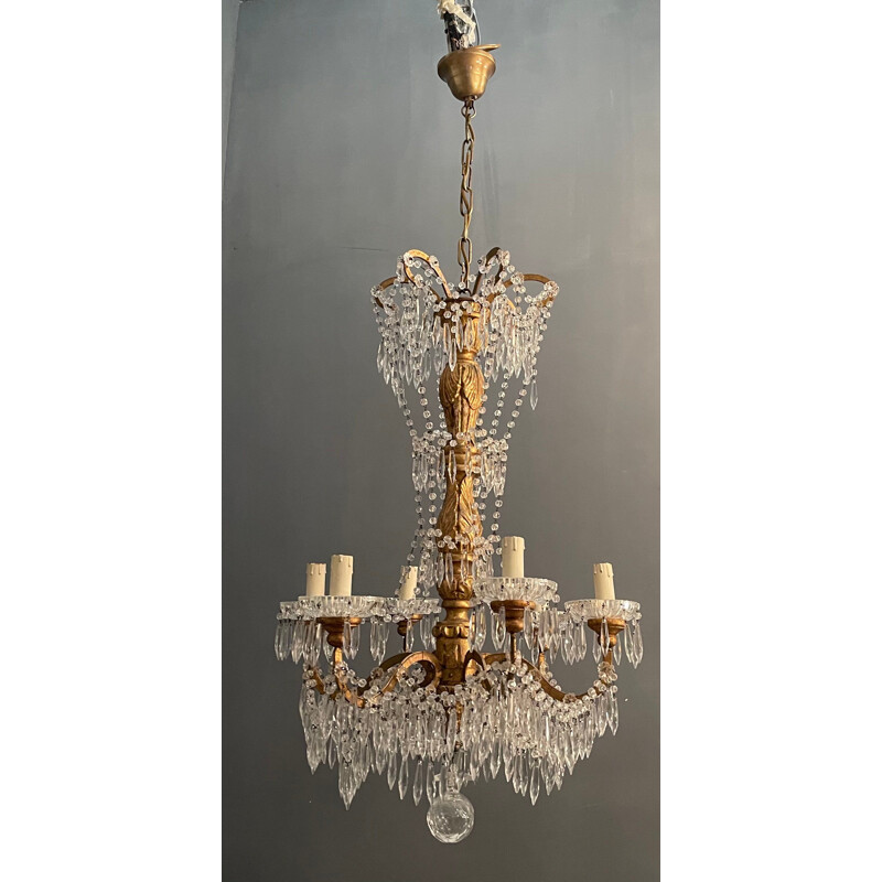 Vintage large Macaroni crystal chandelier with gold plating 1940s