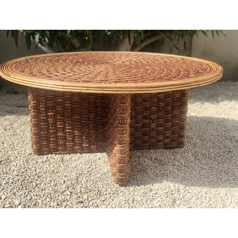 Vintage coffee table in woven rope and rattan, 1970