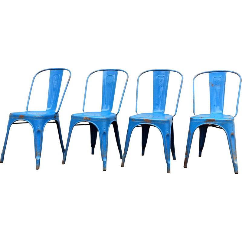 Set of 4 blue Tolix chairs in sheet steel, Xavier PAUCHARD - 1950s