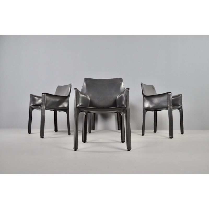 Set of 4 vintage dark grey leather chairs by Mario Bellini 1977s