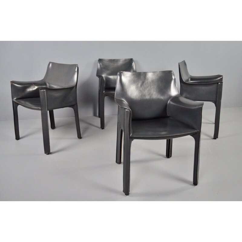 Set of 4 vintage dark grey leather chairs by Mario Bellini 1977s