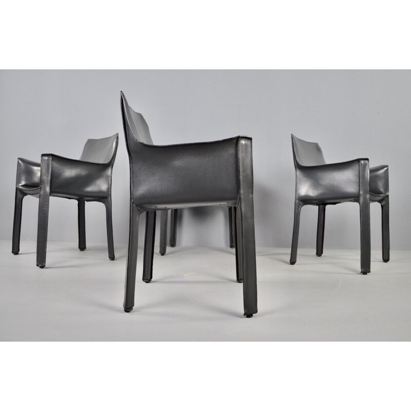 Set of 4 vintage dark grey leather chairs by Mario Bellini 1977s