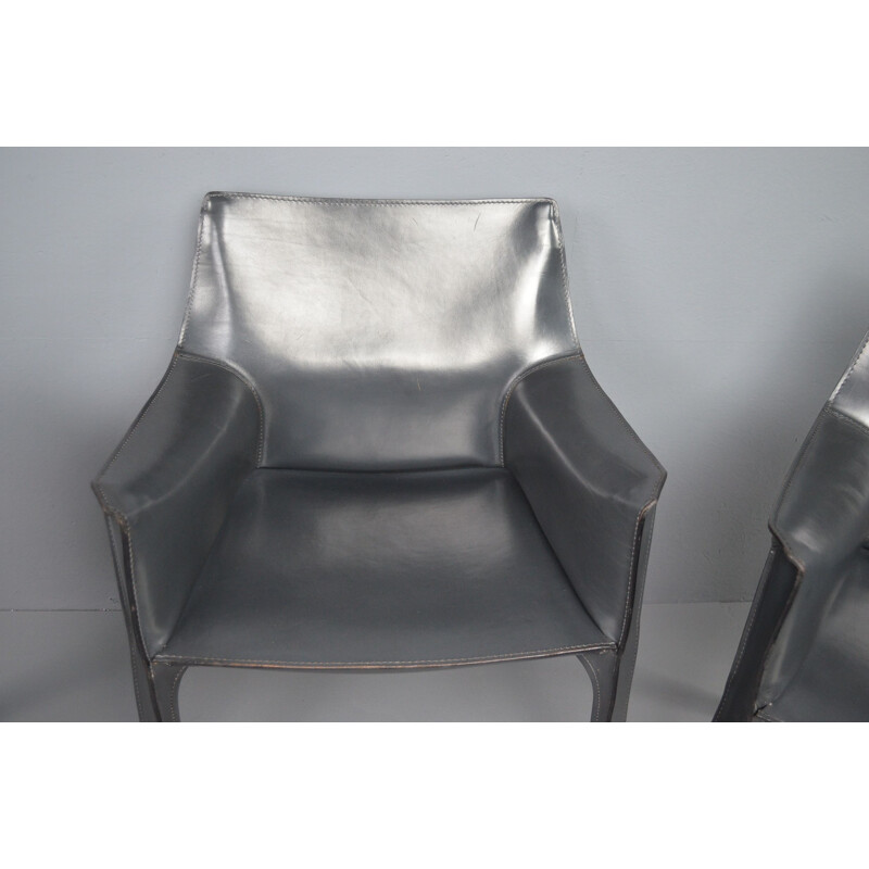 Set of 4 vintage dark grey leather chairs by Mario Bellini 1977s