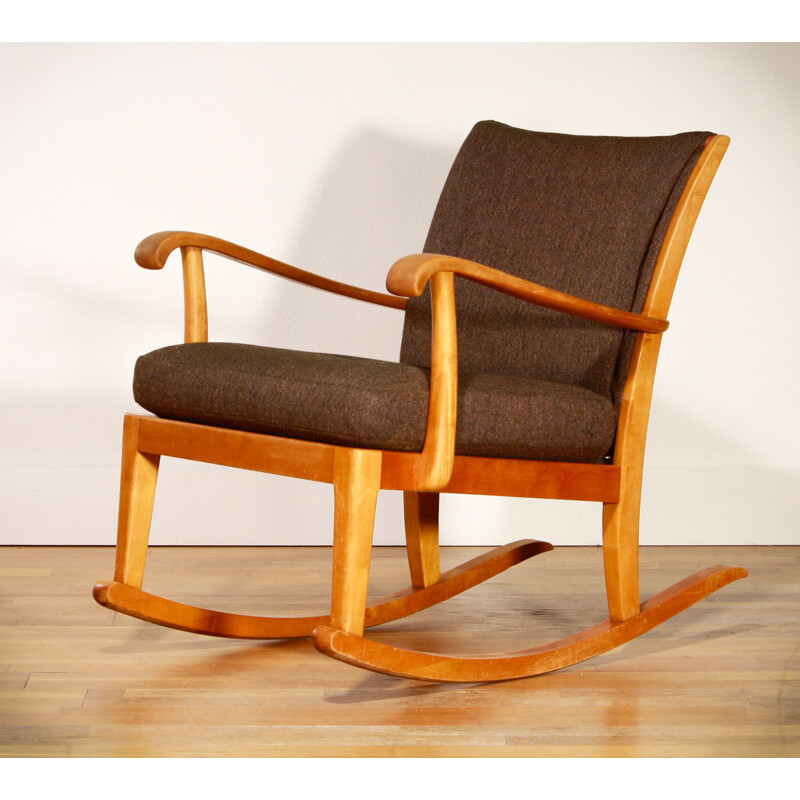 Rocking Chair en hêtre et laine marron - 1950