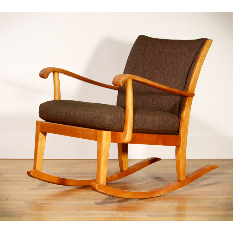 Rocking Chair in beech and brown wool - 1950s