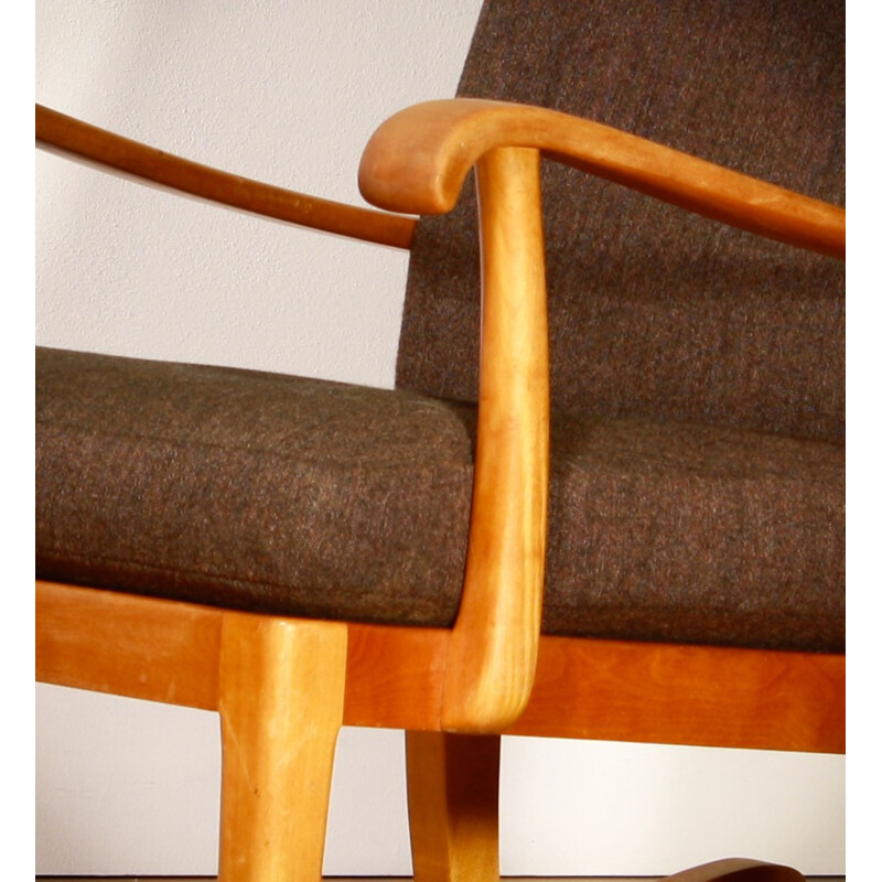 Rocking Chair in beech and brown wool - 1950s