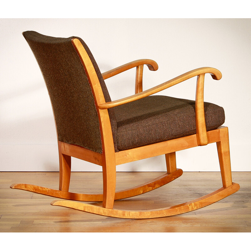 Rocking Chair in beech and brown wool - 1950s