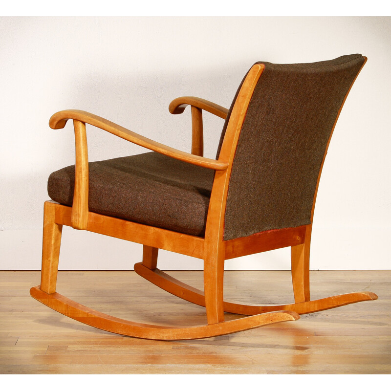 Rocking Chair in beech and brown wool - 1950s