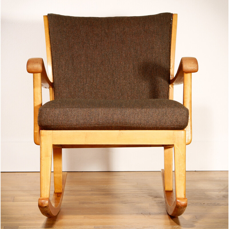 Rocking Chair in beech and brown wool - 1950s