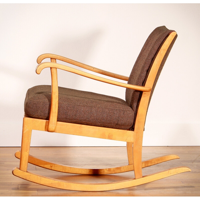 Rocking Chair in beech and brown wool - 1950s