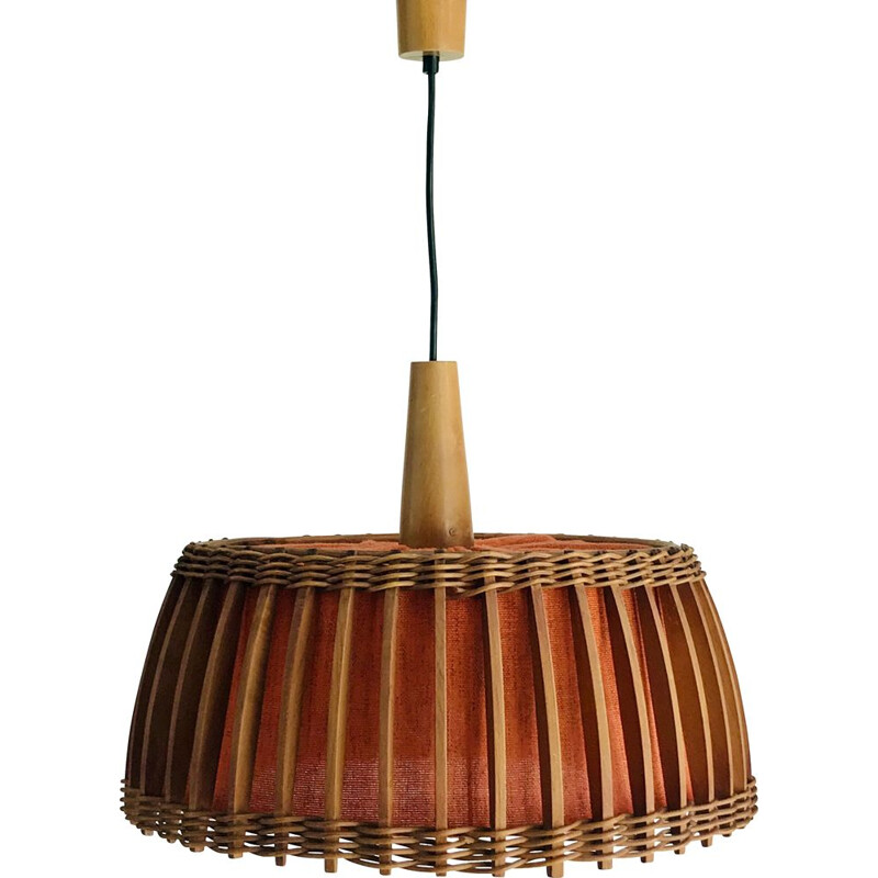 Vintage teak and orange fabric pendant lamp 1960