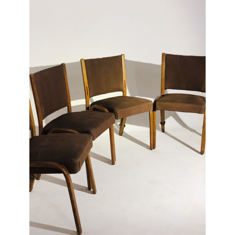 Serie de 4 chaises vintage Bow-wood en tissu marron